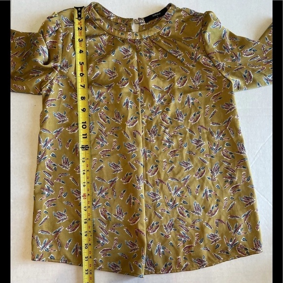Mustard Yellow Feather Pattern Mock Ditsy Floral Neck Tie Sleeve Blouse Shirt - Picture 7 of 8